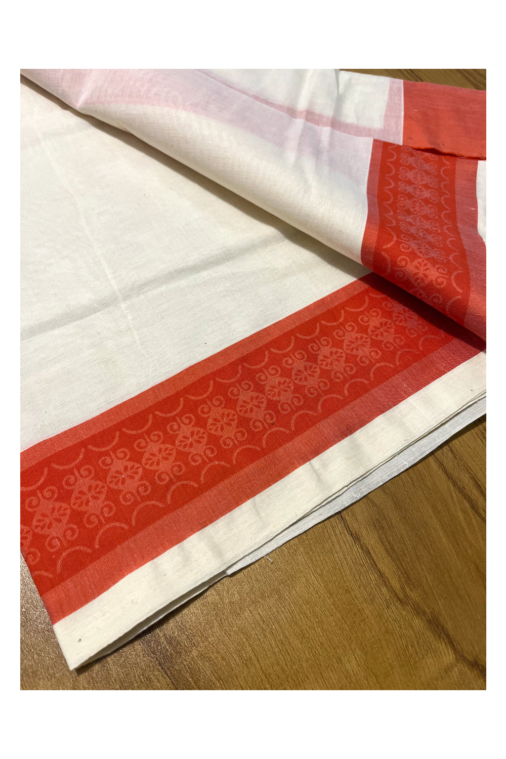 Kerala Cotton Single Set Mundu (Mundum Neriyathum) with Orange Block print Border 2.80Mtrs