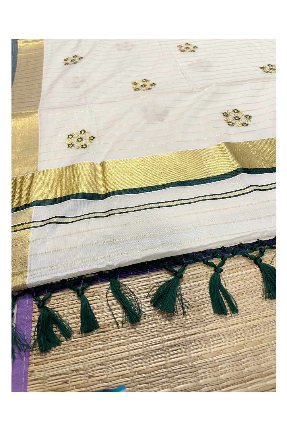 Kerala Cotton Kasavu Lines Saree with Green and Golden Floral Embroidery Work