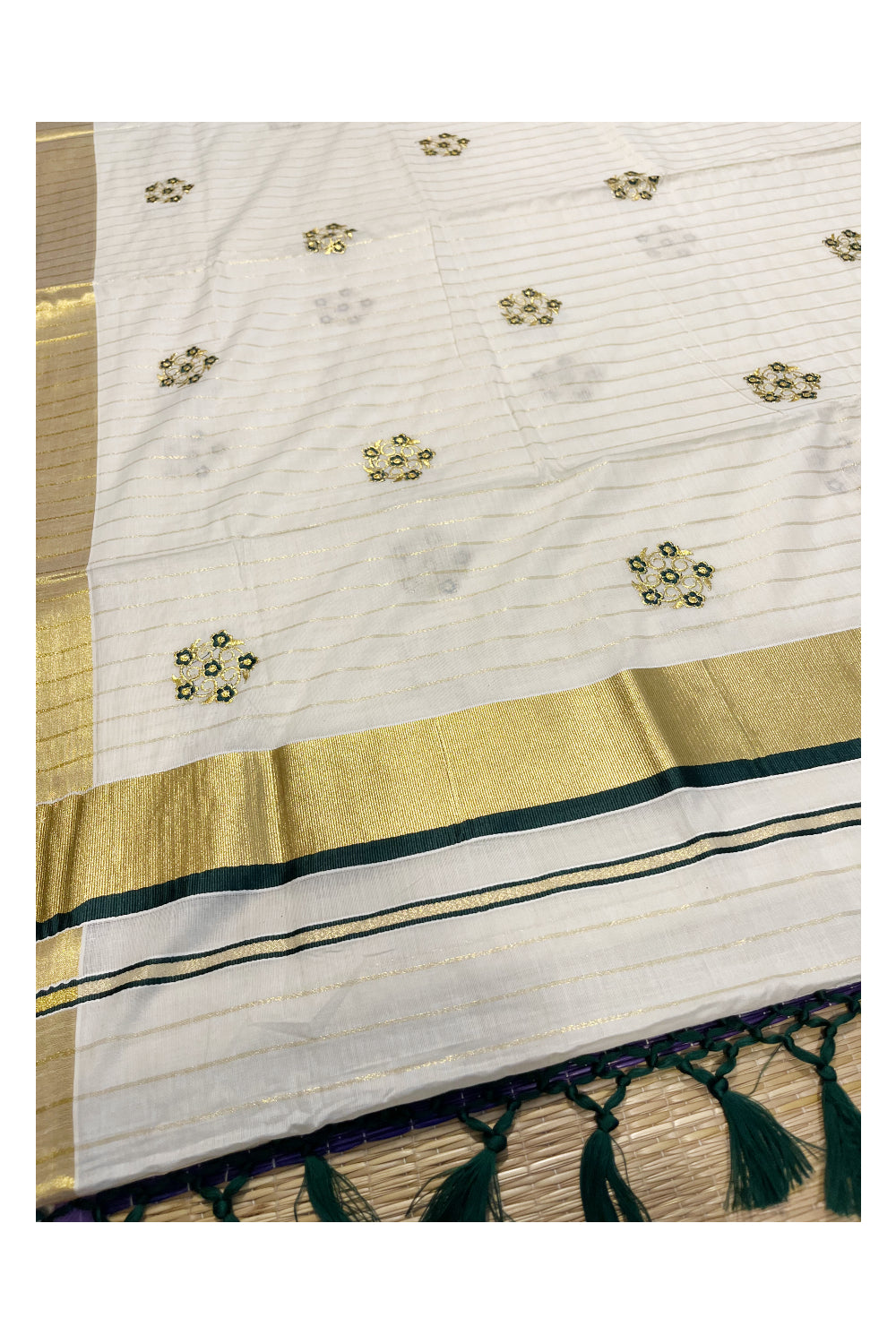 Kerala Cotton Kasavu Lines Saree with Green and Golden Floral Embroidery Work