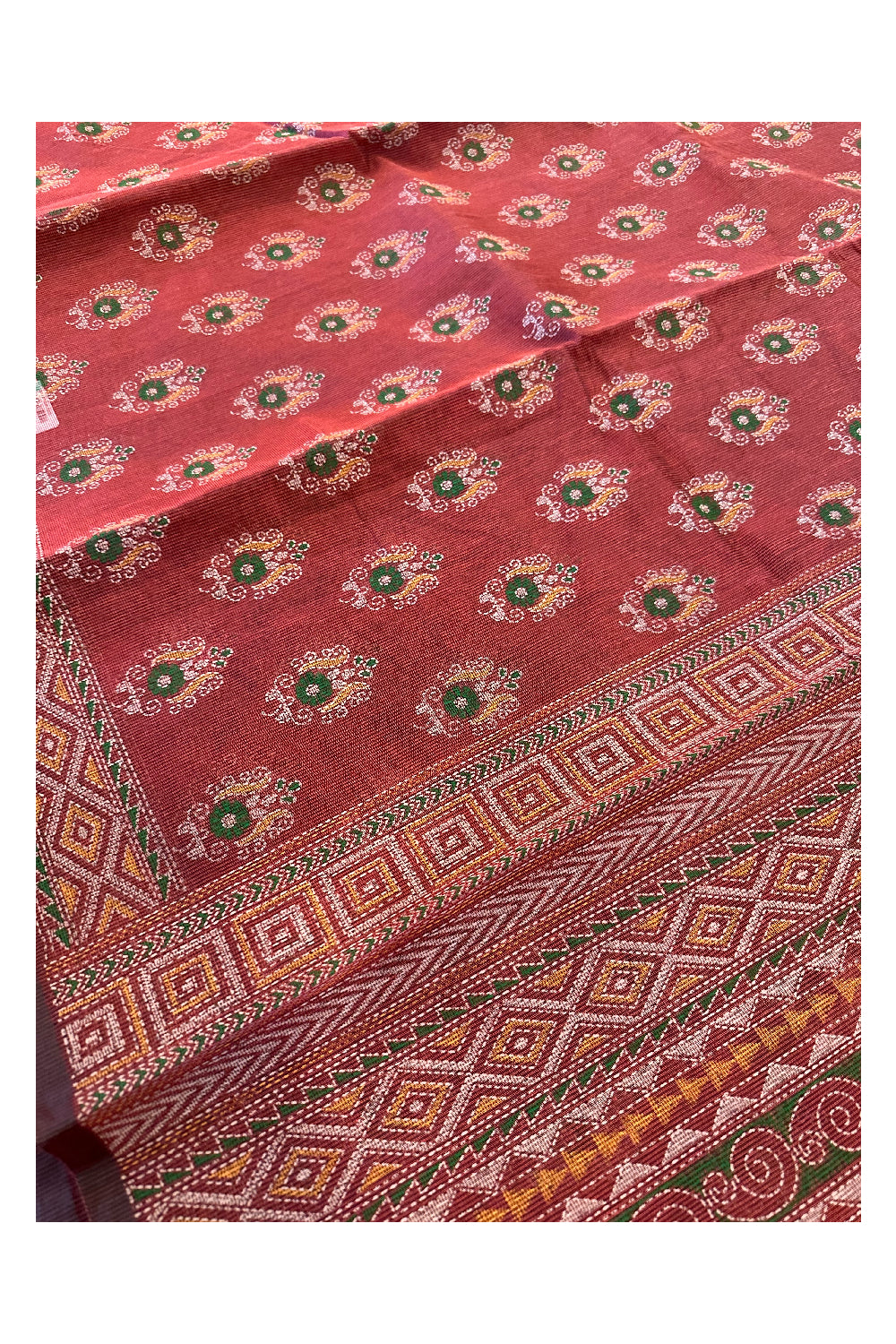 Southloom Net Kota Saree with Hand Block Printed Motifs Across Body in Red