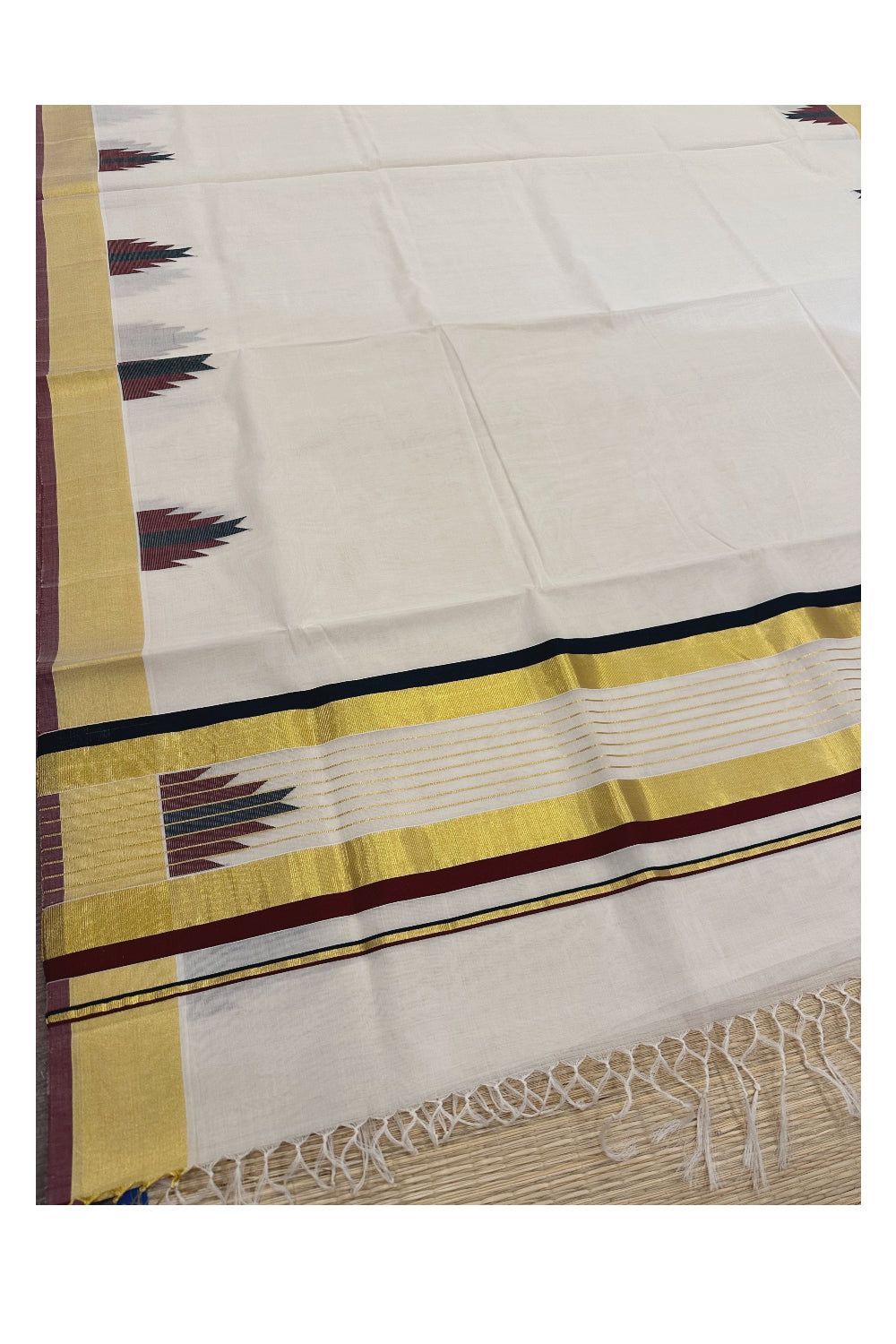 Southloom Premium Handloom Kasavu Saree with Woven Black and Maroon Temple Border (include Lines Kasavu Blouse Piece with Temple)