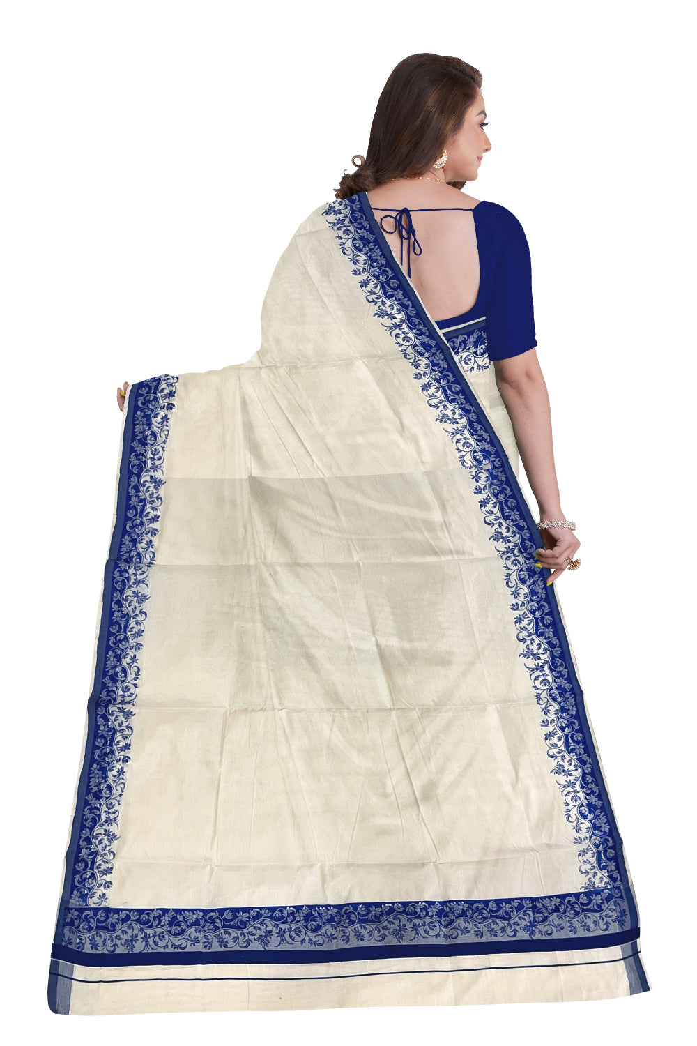 Kerala Cotton Saree with Blue Floral Block Printed Border