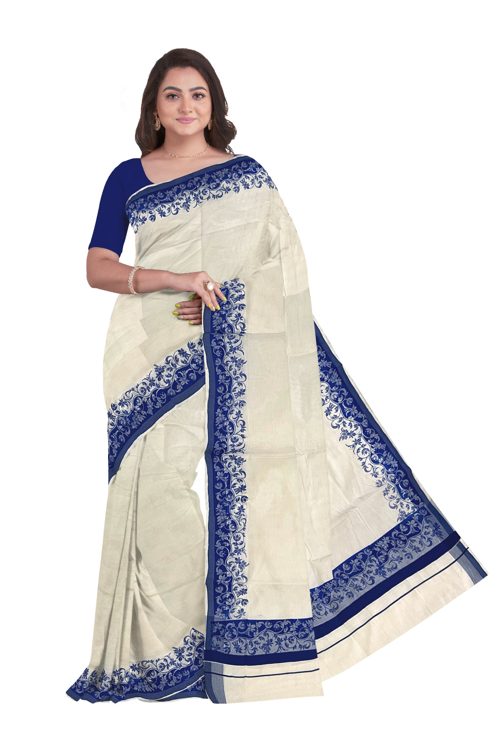 Kerala Cotton Saree with Blue Floral Block Printed Border