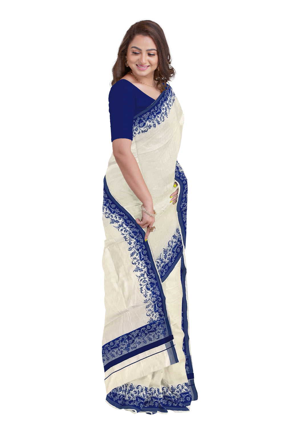 Kerala Cotton Saree with Blue Floral Block Printed Border