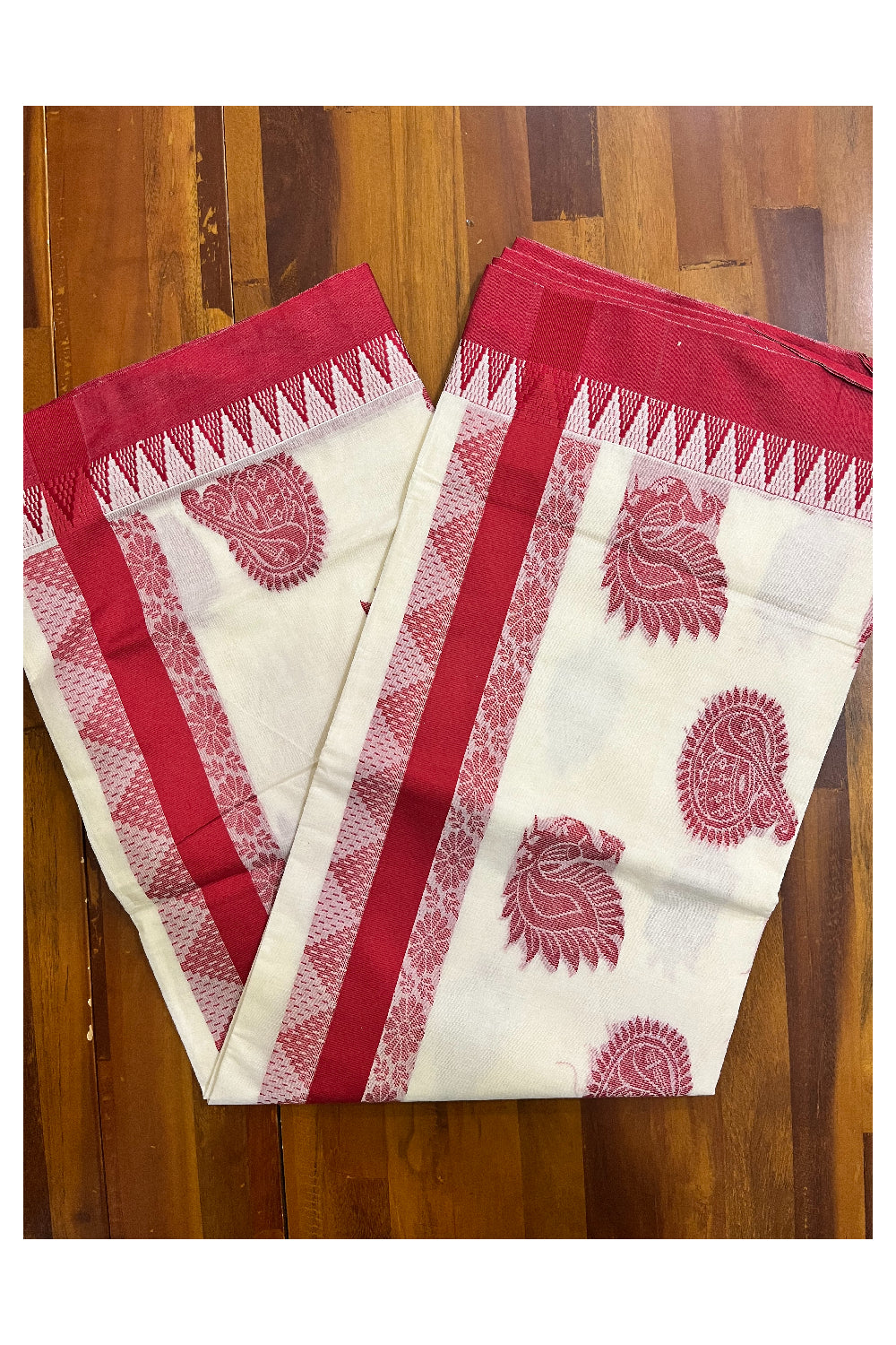 Pure Cotton Kerala Saree with Red Heavy Woven Designs and Temple Border (Vishu 2024 Collection)