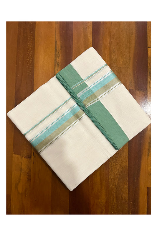 Southloom Premium Balaramapuram Unakkupaavu Handloom Mundu with Turquoise Brown Kasavu Border (South Indian Kerala Dhoti)