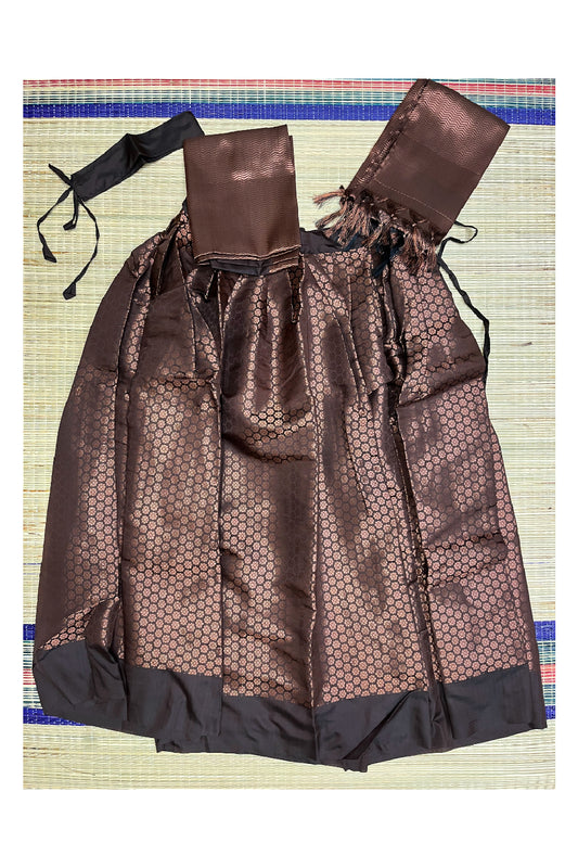 Southloom Semi Stitched Semi Silk Brown Dhavani Set include Neriyathu and Blouse Piece