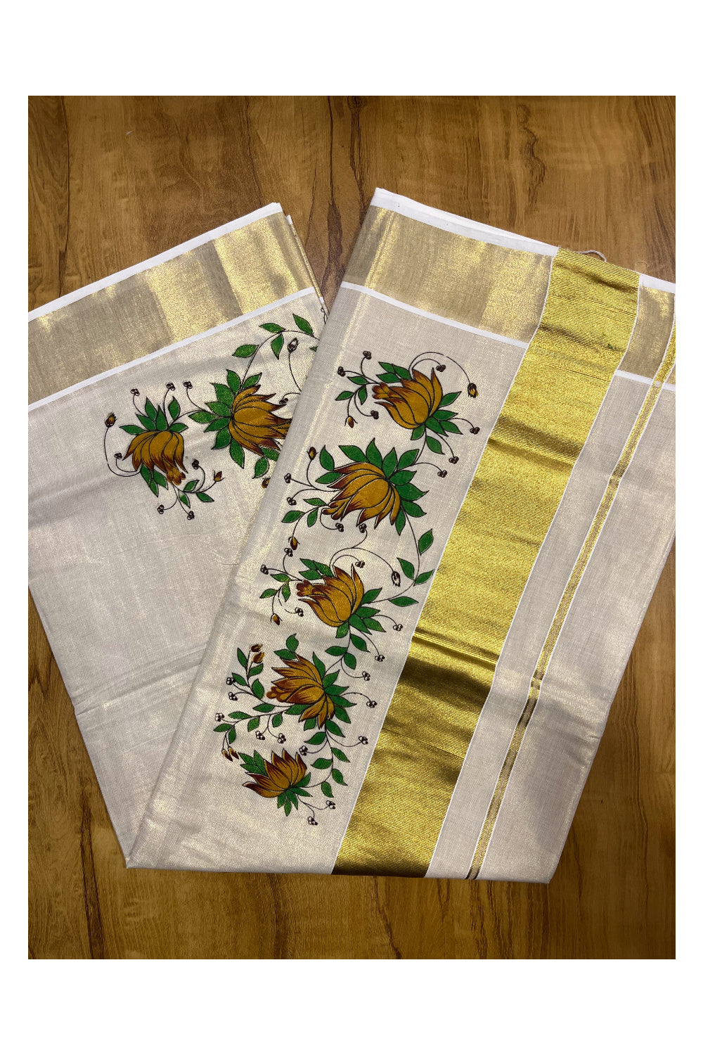 Kerala Tissue Kasavu Saree with Yellow Floral Block Printed Designs (Onam 2024 Collection)