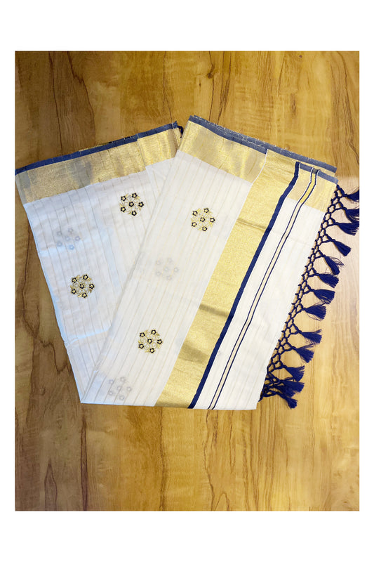 Kerala Cotton Kasavu Lines Saree with Blue and Golden Floral Embroidery Work