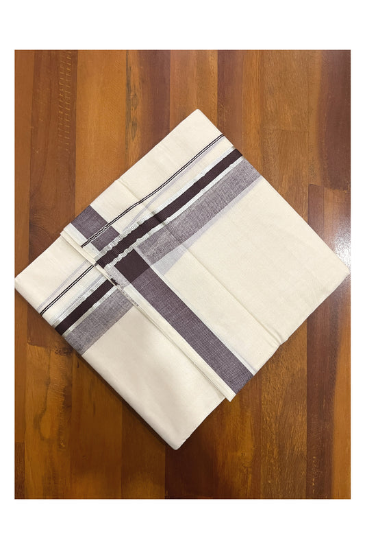 Pure Cotton Kerala Double Mundu with Brown and Silver Kasavu Kara (South Indian Kerala Dhoti)