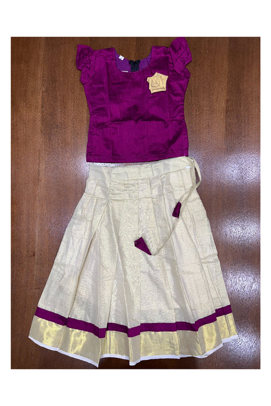 Southloom Kerala Maganta Pattupavada and Blouse with Flower Design (Age 1- 5)
