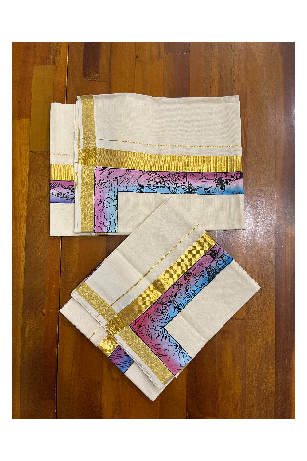 Southloom Handloom Premium Kerala Cotton Single Set Mundu (Mundum Neriyathum) with Hand Painted Designs with Kasavu Border - 2.80Mtrs