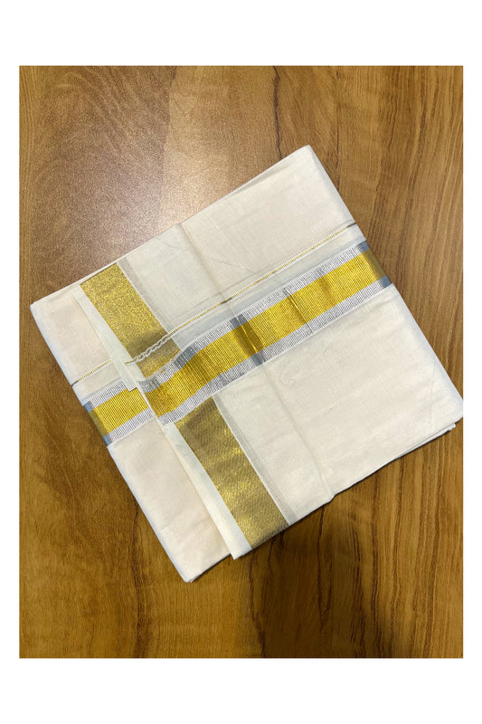 Pure Cotton Off White Double Mundu with Silver and Gold Kasavu Border (South Indian Kerala Dhoti)