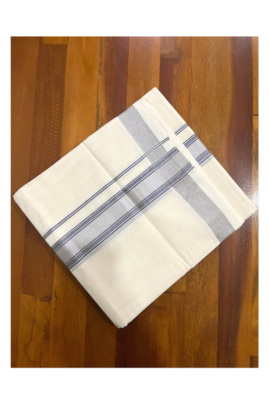 Southloom Premium Handloom Cotton Double Mundu with Blue Silver Kasavu Design Border (South Indian Kerala Dhoti)