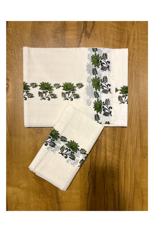 Pure Cotton Kerala Set Mundu (Mundum Neriyathum) with Olive Green Floral Block Printed Border