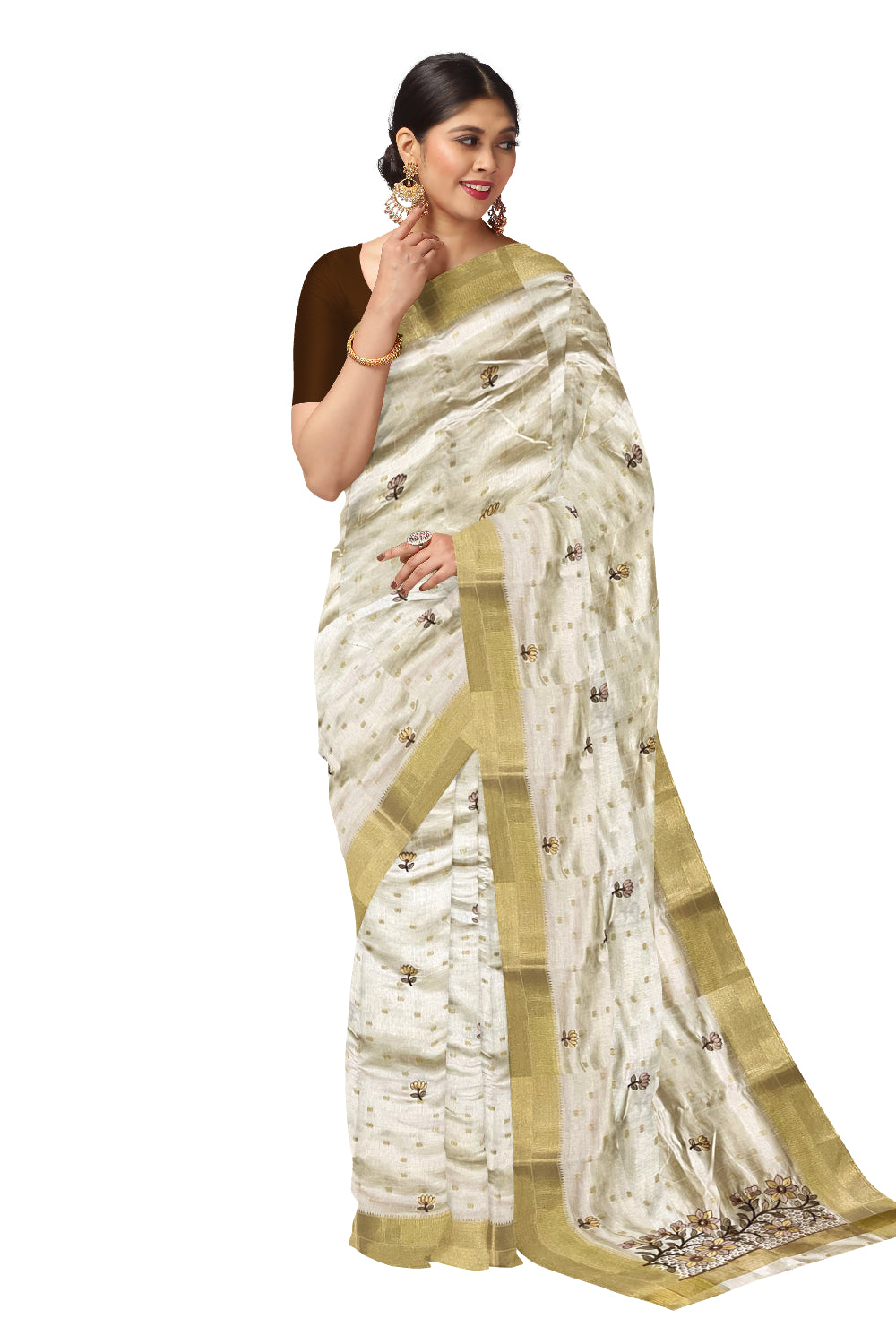 Southloom Off White Thread Work Cotton Saree with Hacoba Floral Designs on Munthani