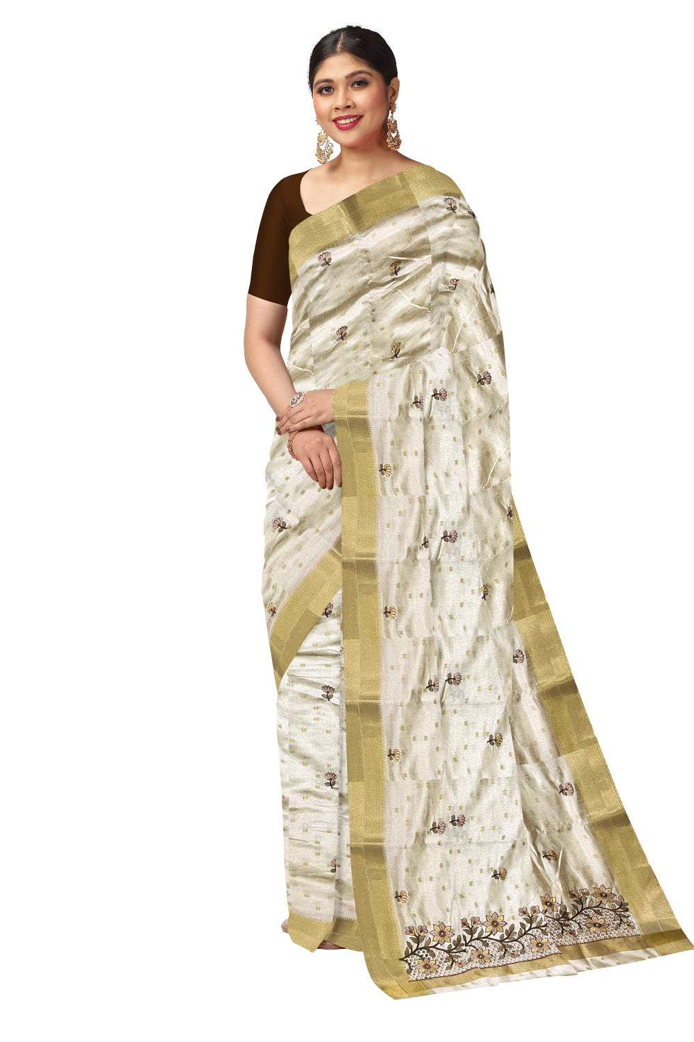 Southloom Off White Thread Work Cotton Saree with Hacoba Floral Designs on Munthani