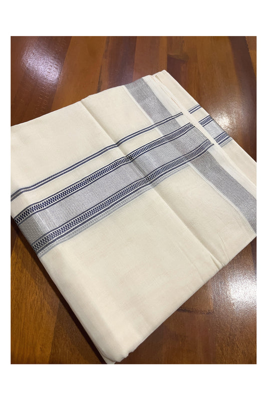 Southloom Premium Handloom Cotton Double Mundu with Blue Silver Kasavu Design Border (South Indian Kerala Dhoti)