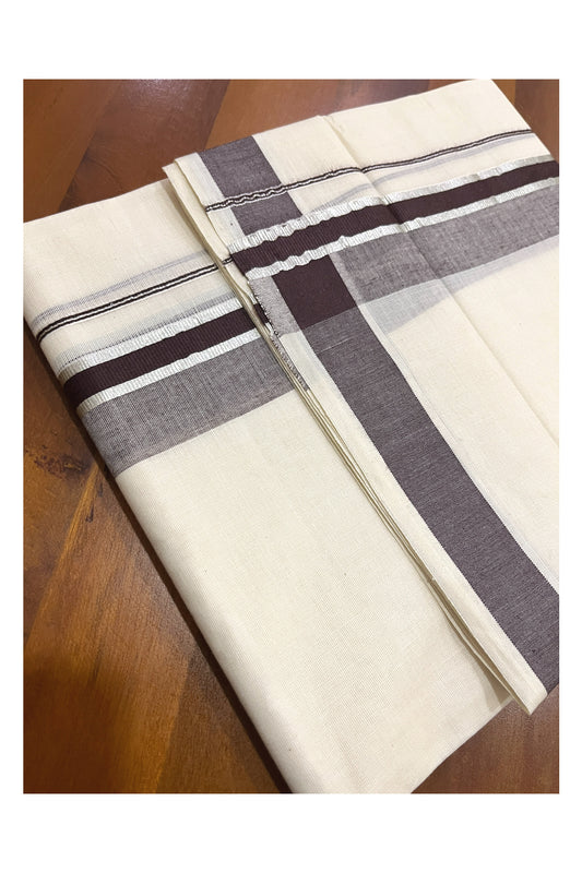 Pure Cotton Kerala Double Mundu with Brown and Silver Kasavu Kara (South Indian Kerala Dhoti)