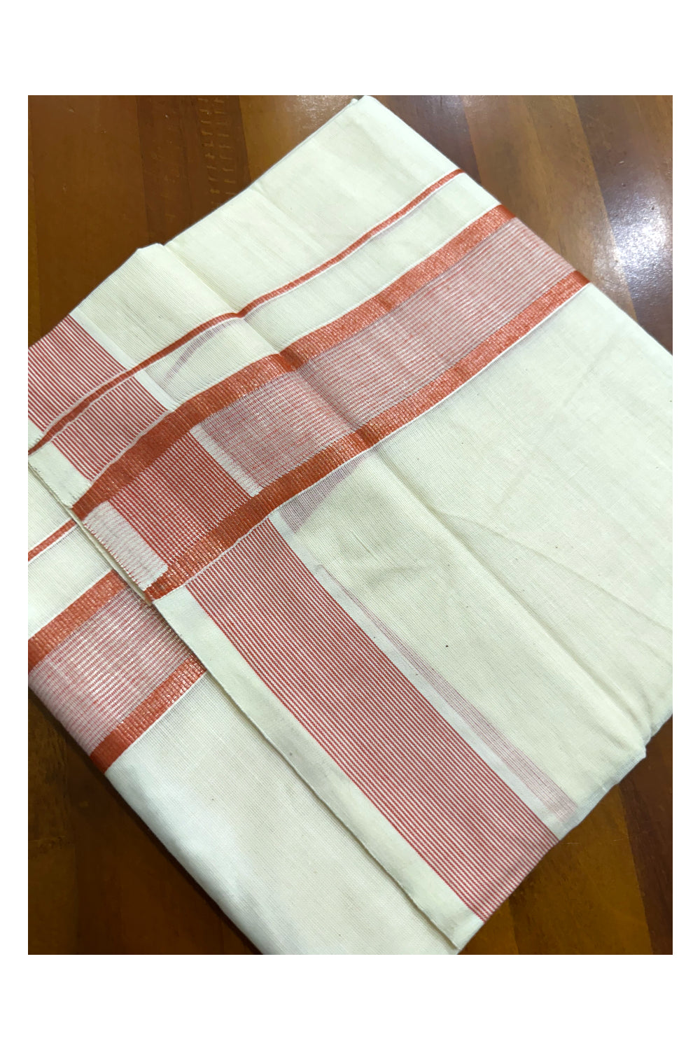 Pure Cotton Off White  Double Mundu with Lines And Brick Red Kara (South Indian Kerala Dhoti)