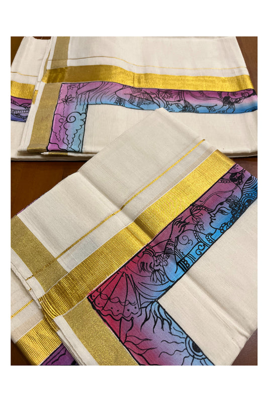 Southloom Handloom Premium Kerala Cotton Single Set Mundu (Mundum Neriyathum) with Hand Painted Designs with Kasavu Border - 2.80Mtrs