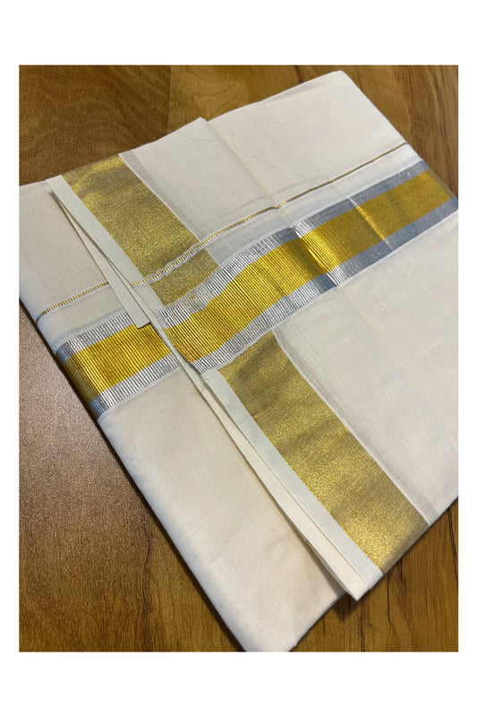 Pure Cotton Off White Double Mundu with Silver and Gold Kasavu Border (South Indian Kerala Dhoti)