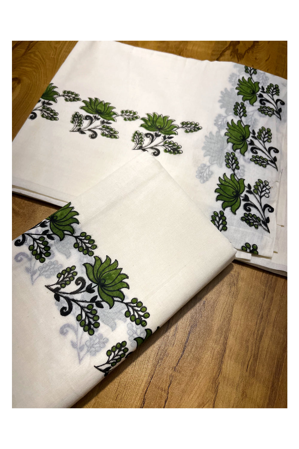 Pure Cotton Kerala Set Mundu (Mundum Neriyathum) with Olive Green Floral Block Printed Border