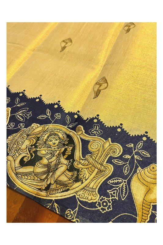 Kerala Tissue Block Printed Pavada and Blue Designer Blouse Material for Kids/Girls 4.3 Meters