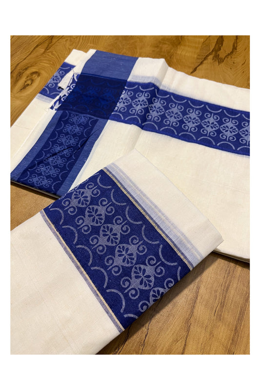 Kerala Cotton Single Set Mundu (Mundum Neriyathum) with Blue Block print Border 2.80Mtrs