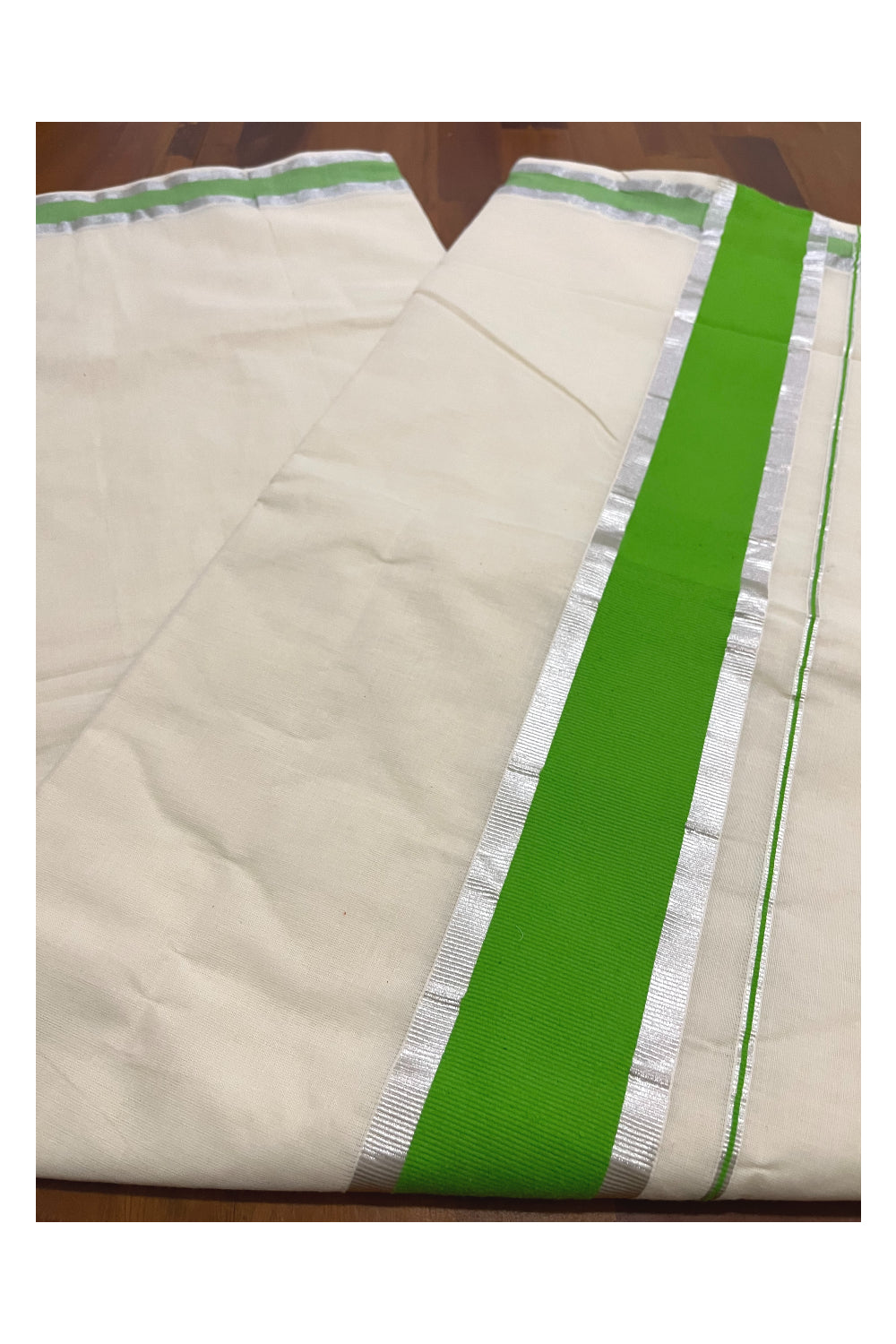 Pure Cotton Kerala Saree with Light Green and Silver Kasavu Border