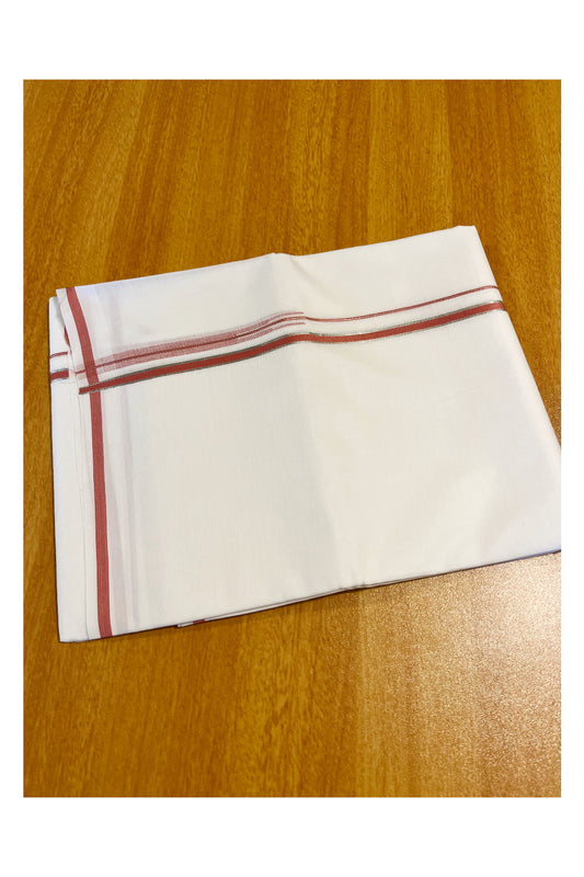 Pure White Cotton Double Mundu with Silver Kasavu And Saffron Border (South Indian Dhoti)