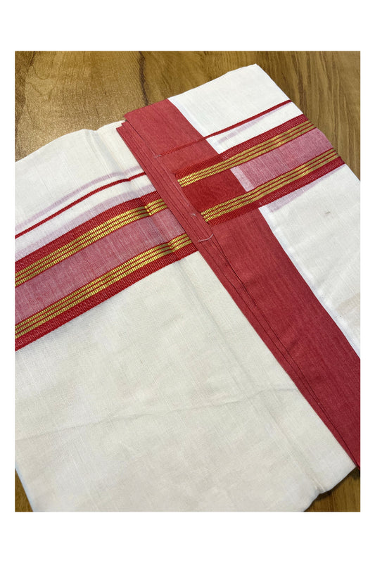 Pure Cotton Off White Double Mundu with Kasavu and Red Kara (South Indian Kerala Dhoti)