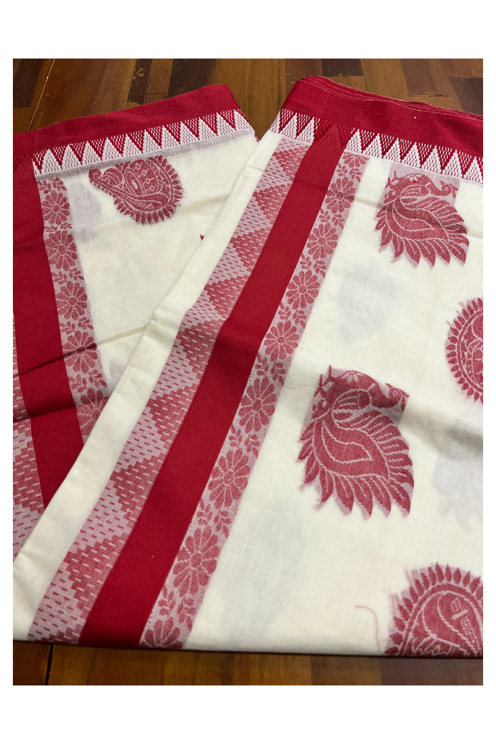 Pure Cotton Kerala Saree with Red Heavy Woven Designs and Temple Border (Vishu 2024 Collection)