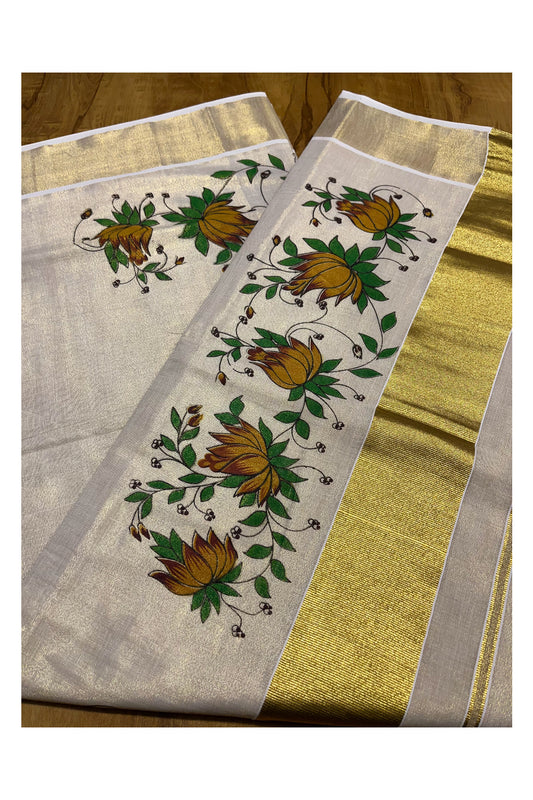 Kerala Tissue Kasavu Saree with Yellow Floral Block Printed Designs (Onam 2024 Collection)