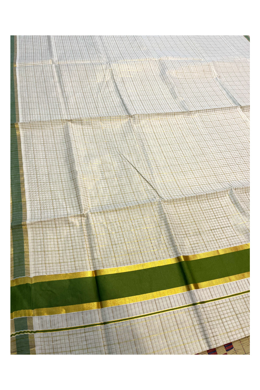 Kerala Cotton Kasavu Check Designs Saree with Light Green Border