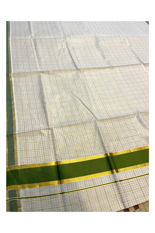 Kerala Cotton Kasavu Check Designs Saree with Light Green Border