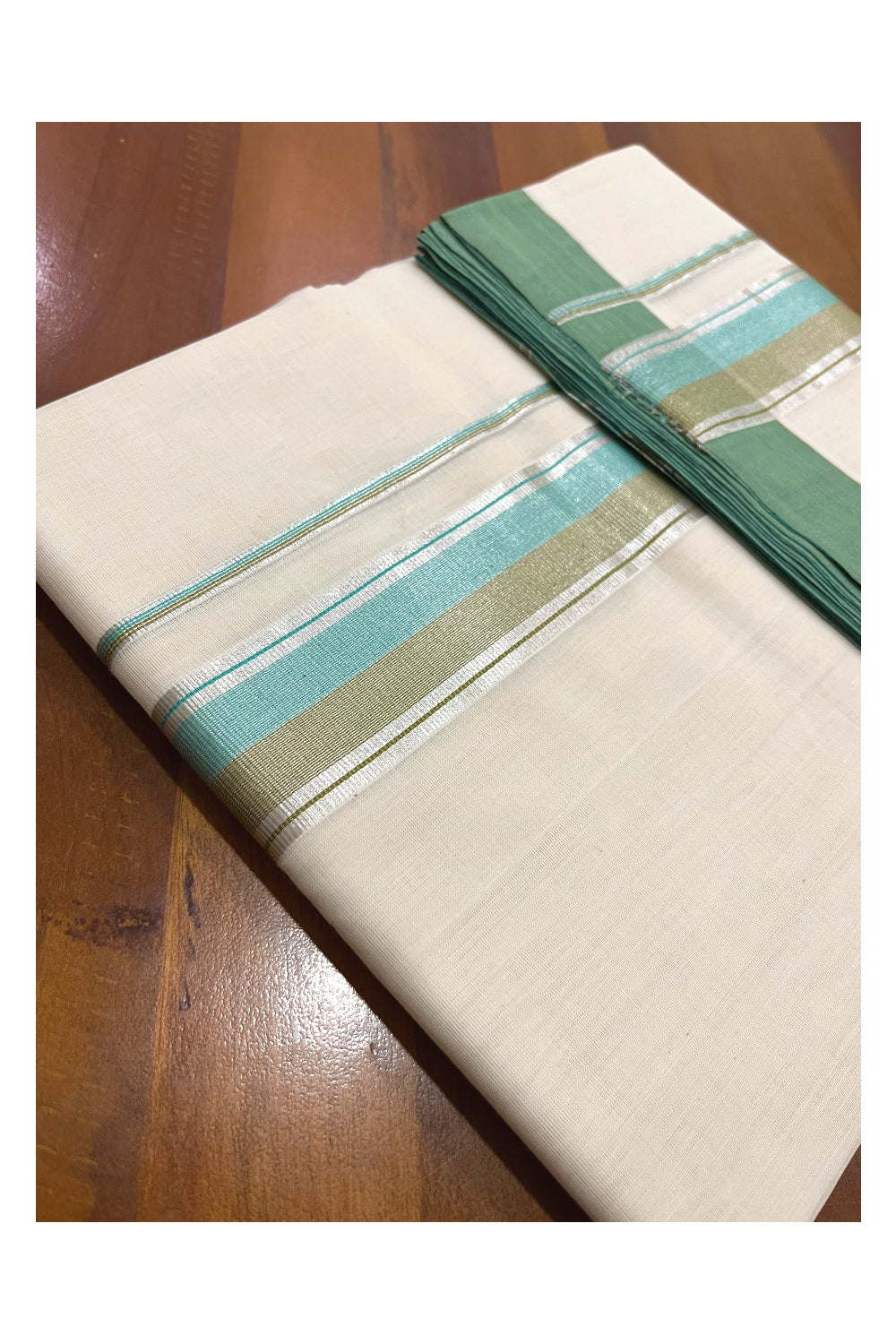 Southloom Premium Balaramapuram Unakkupaavu Handloom Mundu with Turquoise Brown Kasavu Border (South Indian Kerala Dhoti)