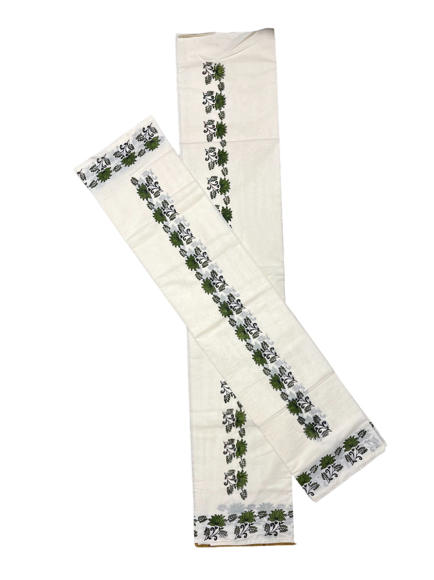 Pure Cotton Kerala Set Mundu (Mundum Neriyathum) with Olive Green Floral Block Printed Border