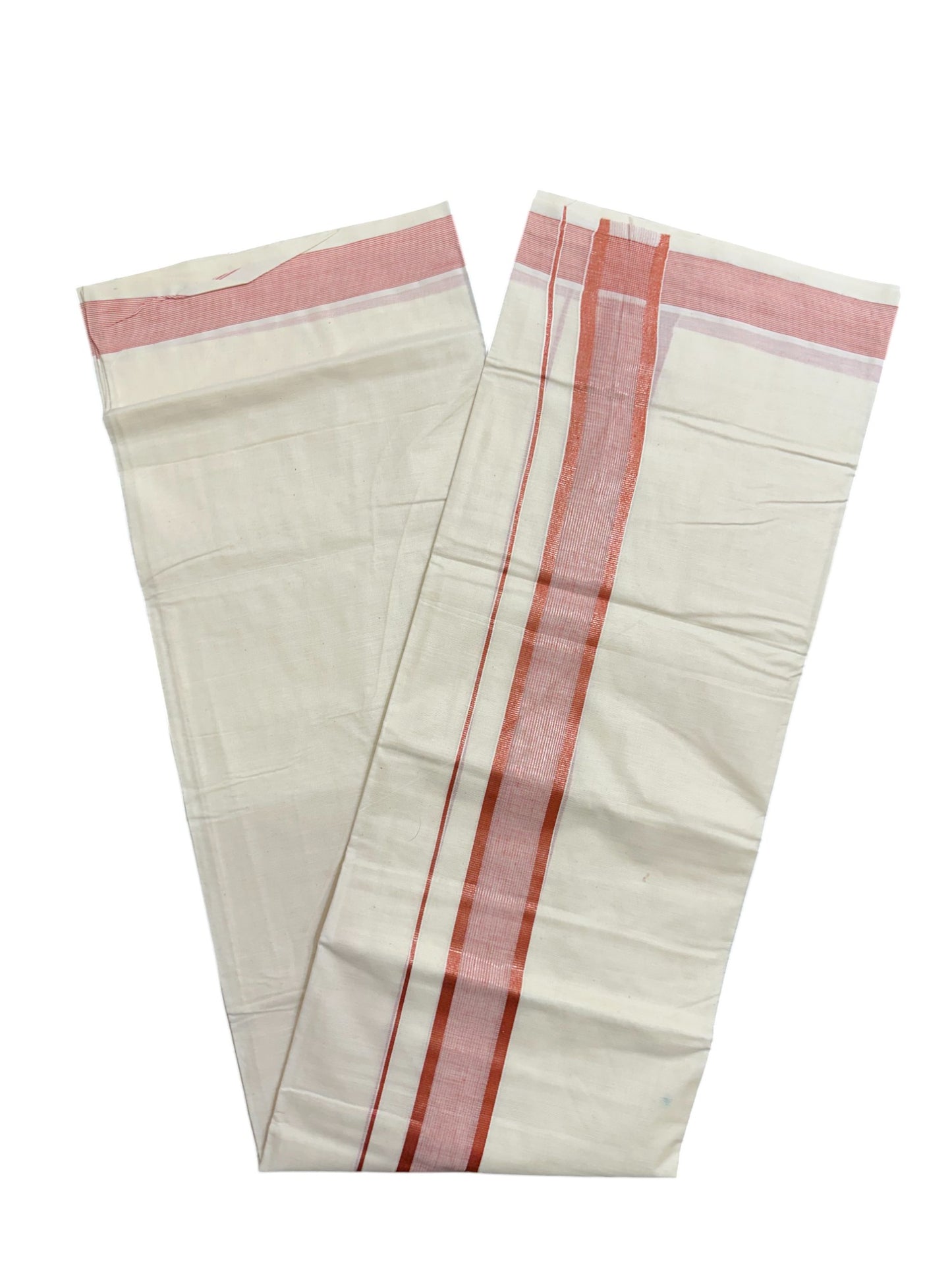 Pure Cotton Off White  Double Mundu with Lines And Brick Red Kara (South Indian Kerala Dhoti)