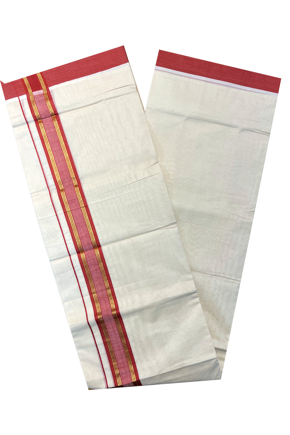 Pure Cotton Off White Double Mundu with Kasavu and Red Kara (South Indian Kerala Dhoti)