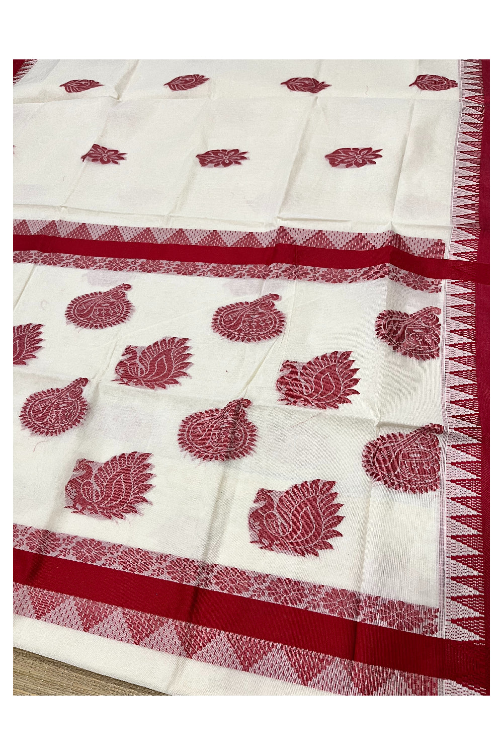 Pure Cotton Kerala Saree with Red Heavy Woven Designs and Temple Border (Vishu 2024 Collection)