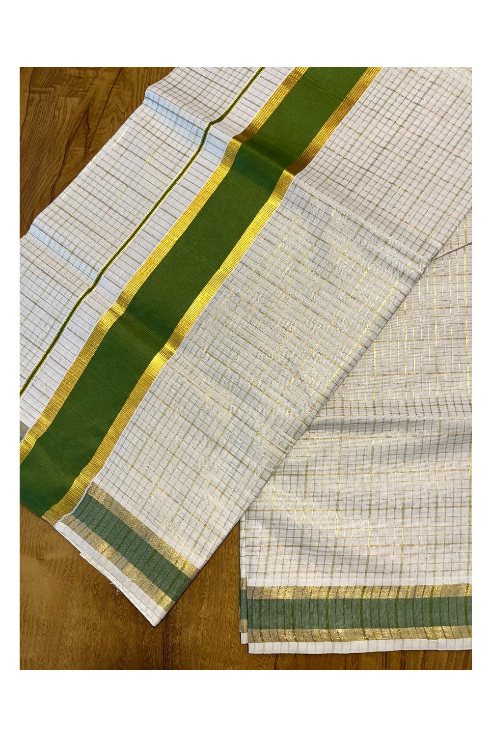 Kerala Cotton Kasavu Check Designs Saree with Light Green Border