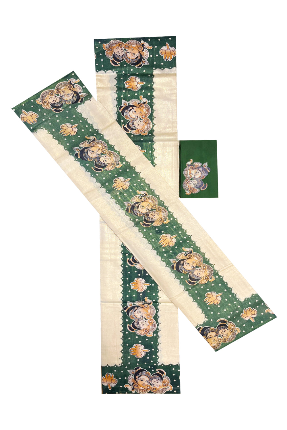 Kerala Tissue Single Set Mundu (Mundum Neriyathum) with Mural Prints on Green Border And Matching Blouse Piece (2.80 Mtrs)