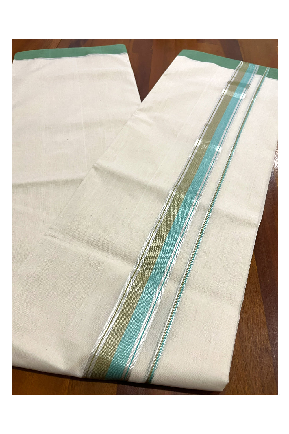 Southloom Premium Balaramapuram Unakkupaavu Handloom Mundu with Turquoise Brown Kasavu Border (South Indian Kerala Dhoti)