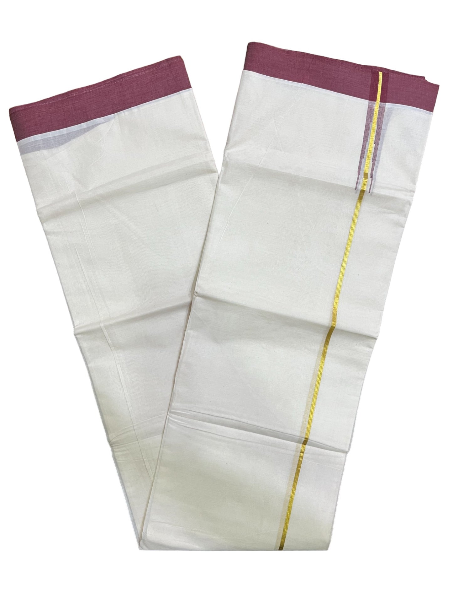 Kerala Pure Cotton Double Mundu with Kasavu Maroon Chutti Kara (South Indian Kerala Dhoti)