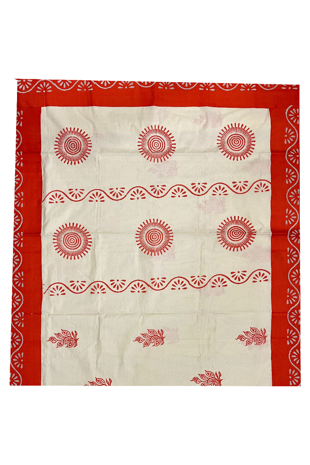 Pure Cotton Onam 2023 Kerala Saree with Hand Block Orange Batik Prints