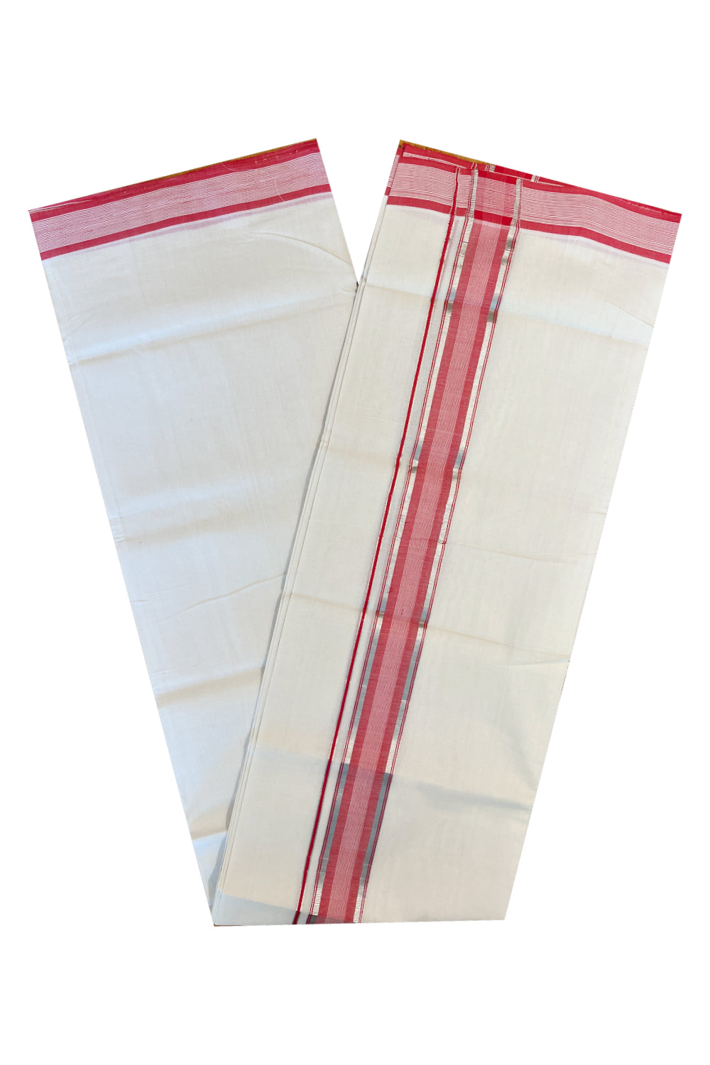 Southloom Premium Handloom Cotton Double Mundu with Silver Kasavu And Pink Lines Border