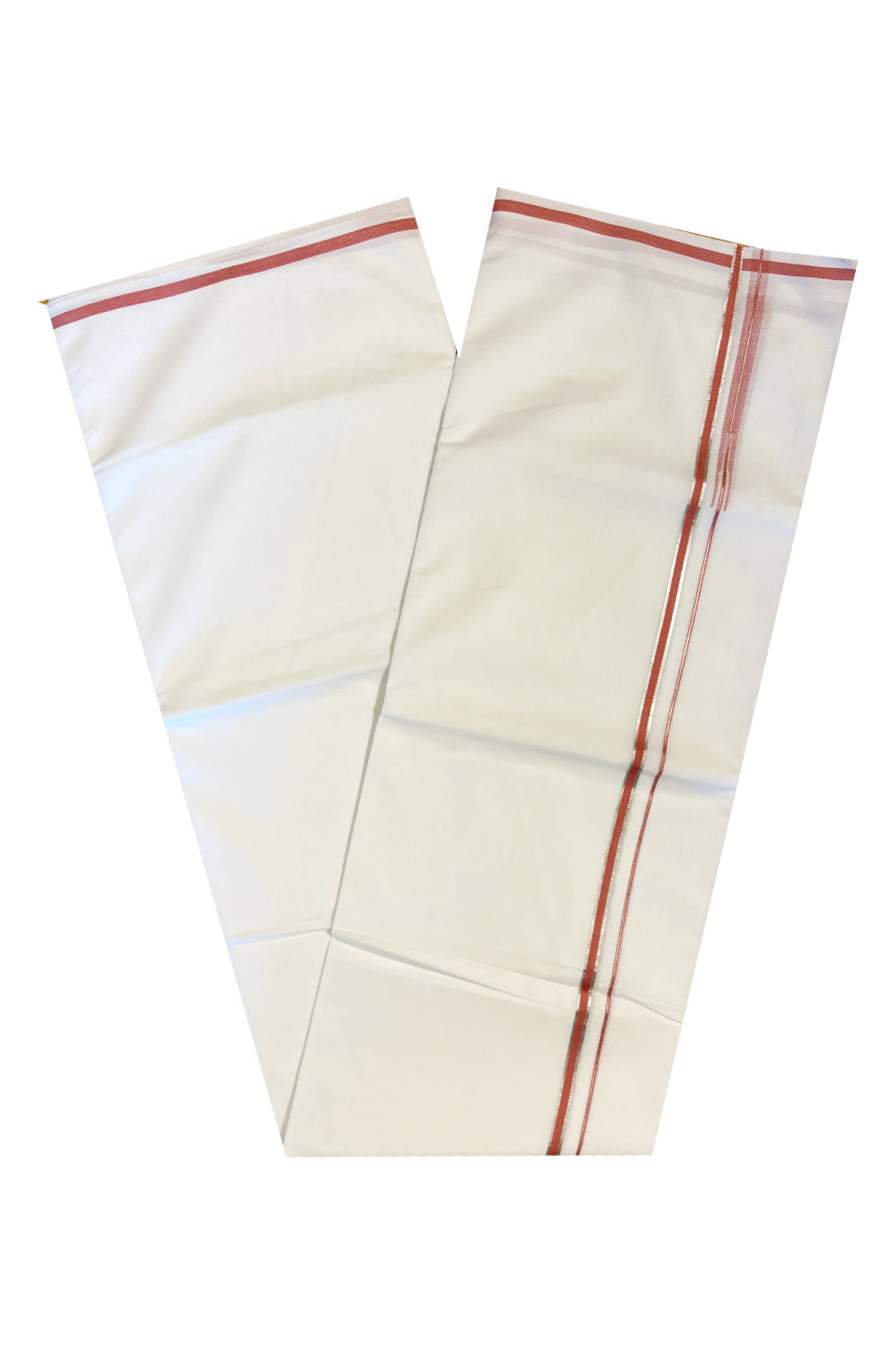 Pure White Cotton Double Mundu with Silver Kasavu And Saffron Border (South Indian Dhoti)