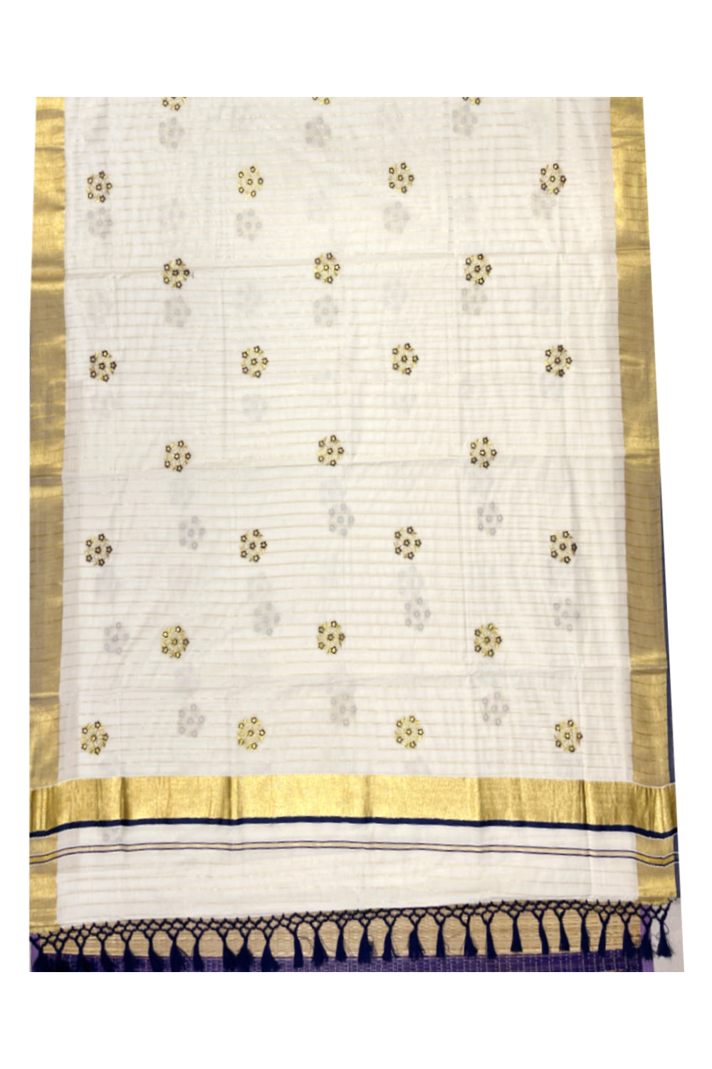 Kerala Cotton Kasavu Lines Saree with Blue and Golden Floral Embroidery Work