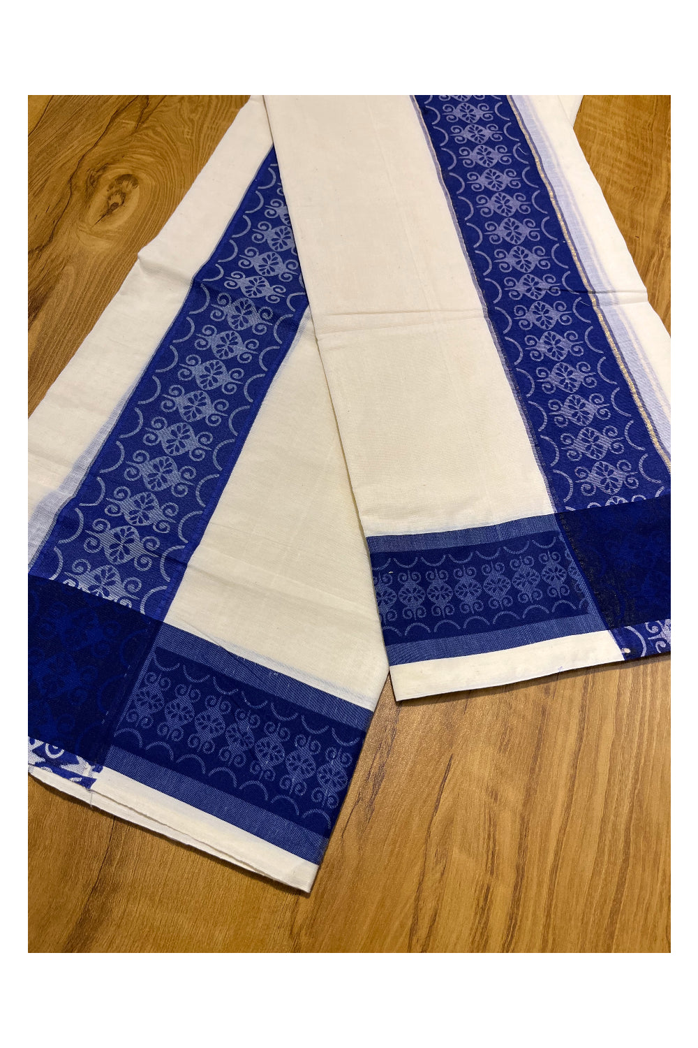 Kerala Cotton Single Set Mundu (Mundum Neriyathum) with Blue Block print Border 2.80Mtrs